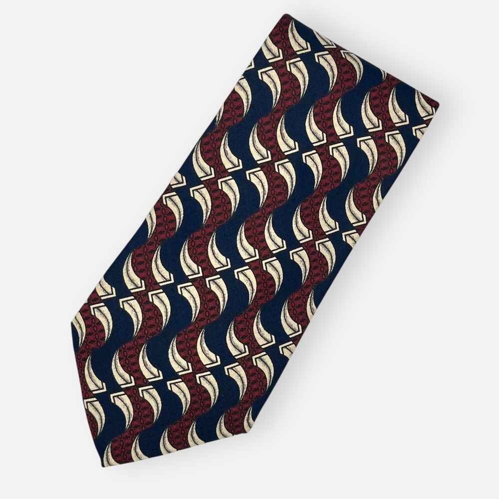 ROBERT‎ TALBOTT Studio Neck Tie Burgundy Red Blue Waves Geometric Pattern Silk